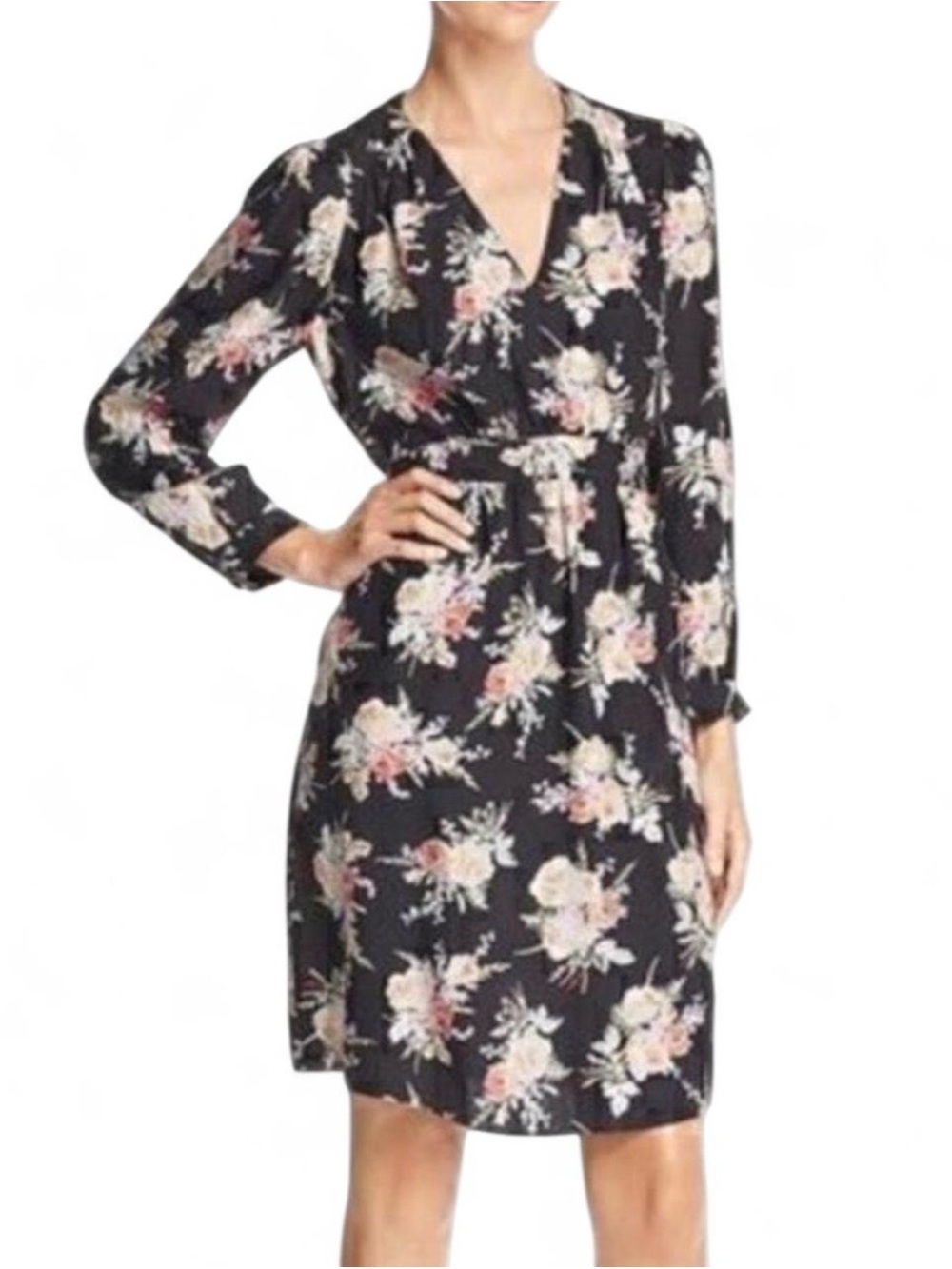 Black Silk Floral Rebecca Taylor Long Sleeve Dress with Belted Waist